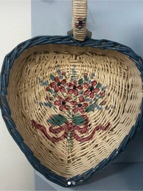 Vintage Handwoven Heart Basket with Floral Accent - Natural and Blue